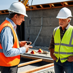 **

A construction site scene. In the foreground, a younger engineer is questioning an older, experienced craftsman about a concrete pour. Use IoT sensors placed within the concrete structure. The overall scene should convey a sense of inquiry and learning, blending traditional craftsmanship with modern technology. Focus on warm lighting and realistic details.

**