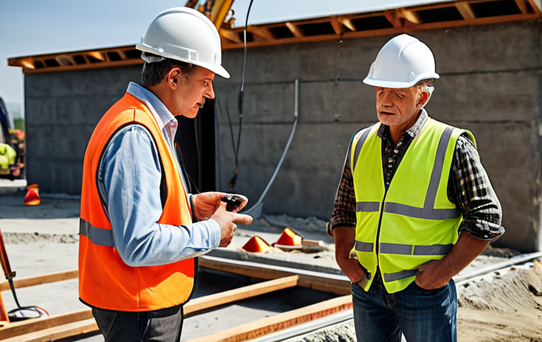 **

A construction site scene. In the foreground, a younger engineer is questioning an older, experienced craftsman about a concrete pour. Use IoT sensors placed within the concrete structure. The overall scene should convey a sense of inquiry and learning, blending traditional craftsmanship with modern technology. Focus on warm lighting and realistic details.

**