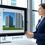 A professional female architect, fully clothed in a modest business suit, stands in a brightly lit, modern architectural office. She is reviewing a detailed 3D building model on a large interactive screen with a diverse team, demonstrating a user-centric design approach. The office setting is clean and contemporary. Perfect anatomy, correct proportions, natural pose, well-formed hands, proper finger count, natural body proportions. Safe for work, appropriate content, fully clothed, professional. High-quality professional photography, natural light.