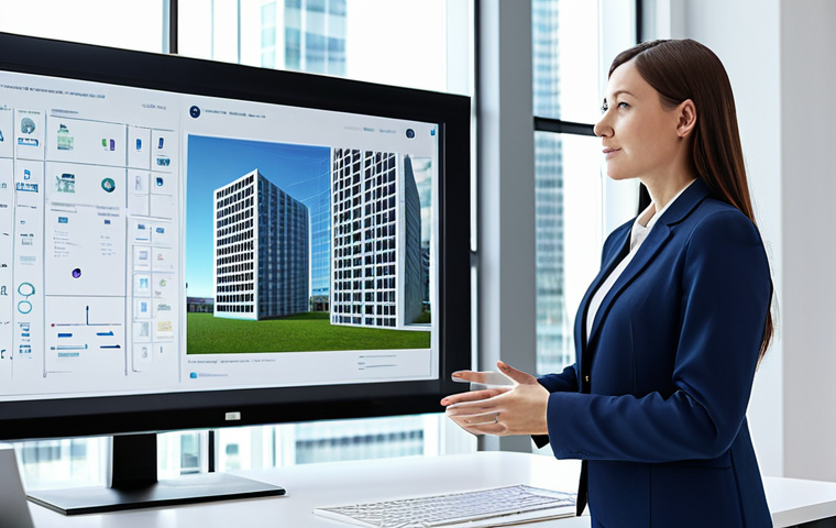 A professional female architect, fully clothed in a modest business suit, stands in a brightly lit, modern architectural office. She is reviewing a detailed 3D building model on a large interactive screen with a diverse team, demonstrating a user-centric design approach. The office setting is clean and contemporary. Perfect anatomy, correct proportions, natural pose, well-formed hands, proper finger count, natural body proportions. Safe for work, appropriate content, fully clothed, professional. High-quality professional photography, natural light.