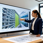 A professional male architect and a female construction project manager, both fully clothed in modern business attire, actively collaborating around a large interactive screen displaying a detailed BIM model of a building design. They are pointing at specific details on the screen, engaged in a discussion, surrounded by architectural drawings and scale models on a table in a bright, contemporary office space. The scene emphasizes seamless communication and mutual understanding, with natural pose, perfect anatomy, well-formed hands, and correct proportions. This is a high-quality, professional photography image, appropriate content, safe for work, and family-friendly.