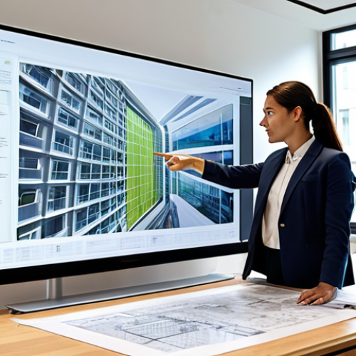 A professional male architect and a female construction project manager, both fully clothed in modern business attire, actively collaborating around a large interactive screen displaying a detailed BIM model of a building design. They are pointing at specific details on the screen, engaged in a discussion, surrounded by architectural drawings and scale models on a table in a bright, contemporary office space. The scene emphasizes seamless communication and mutual understanding, with natural pose, perfect anatomy, well-formed hands, and correct proportions. This is a high-quality, professional photography image, appropriate content, safe for work, and family-friendly.