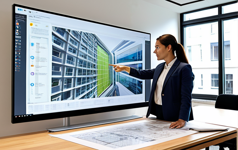 A professional male architect and a female construction project manager, both fully clothed in modern business attire, actively collaborating around a large interactive screen displaying a detailed BIM model of a building design. They are pointing at specific details on the screen, engaged in a discussion, surrounded by architectural drawings and scale models on a table in a bright, contemporary office space. The scene emphasizes seamless communication and mutual understanding, with natural pose, perfect anatomy, well-formed hands, and correct proportions. This is a high-quality, professional photography image, appropriate content, safe for work, and family-friendly.
