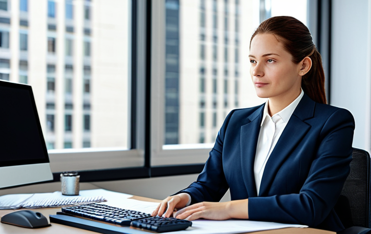 **

Modern office interior, professional businesswoman in a modest business suit, sitting at a desk working on BIM software, fully clothed, appropriate attire, safe for work, perfect anatomy, natural proportions, professional photography, high quality, family-friendly. Focus on the integration of technology in architectural design.

**