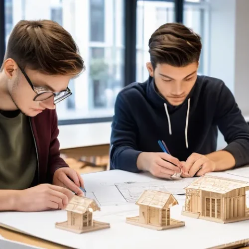 건축분야에서 학위와 자격증의 관계 - **Prompt:** A diverse group of young architecture university students, both male and female, diligen...