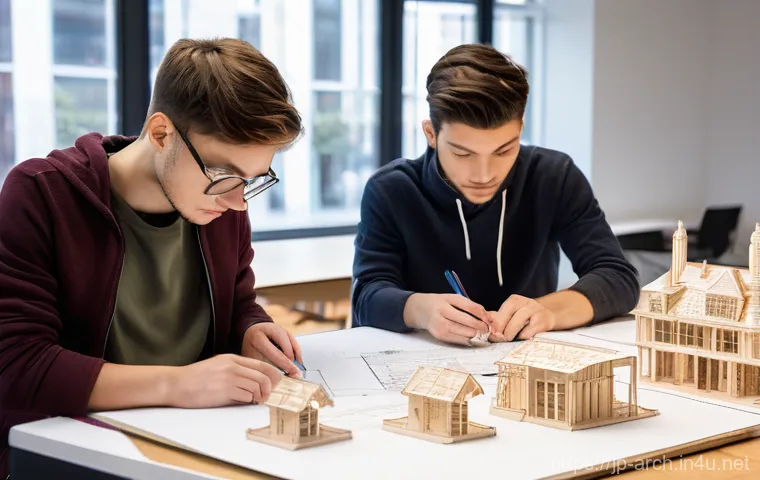 건축분야에서 학위와 자격증의 관계 - **Prompt:** A diverse group of young architecture university students, both male and female, diligen...