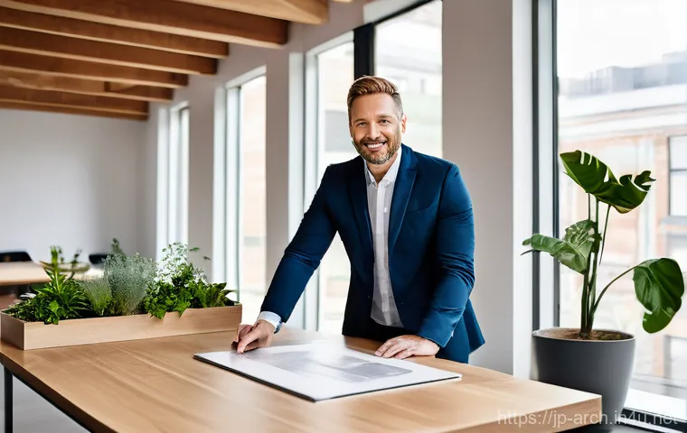 건축사로서의 기업 창업 이야기 - Image Prompt 1: The Visionary Architect in a Sustainable Design Studio** 건축사로서의 기업 창업 이야기 - Image Prompt 1: The Visionary Architect in a Sustainable Design Studio**