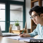건축기사 필기시험 중점 과목 정리 - A focused Japanese architecture student studying at a tidy desk in a modern room with natural light,...