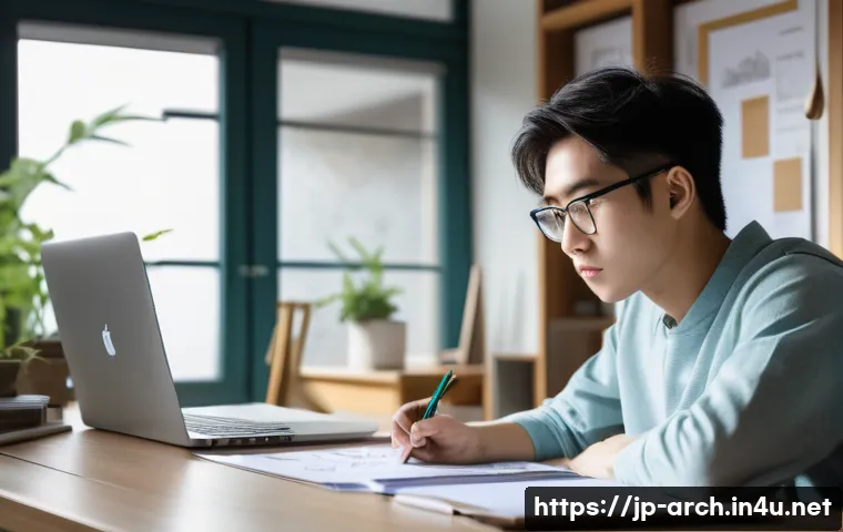 건축기사 필기시험 중점 과목 정리 - A focused Japanese architecture student studying at a tidy desk in a modern room with natural light,...
