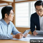 건축분야에서의 고객 커뮤니케이션 사례 - A professional Japanese architect attentively listening to a middle-aged Japanese client in a modern...