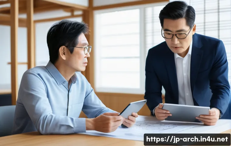 건축분야에서의 고객 커뮤니케이션 사례 - A professional Japanese architect attentively listening to a middle-aged Japanese client in a modern...