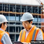 건축분야에서의 연구와 실무 결합 - A modern construction site scene in Japan during daytime, showing diverse workers in safety helmets ...