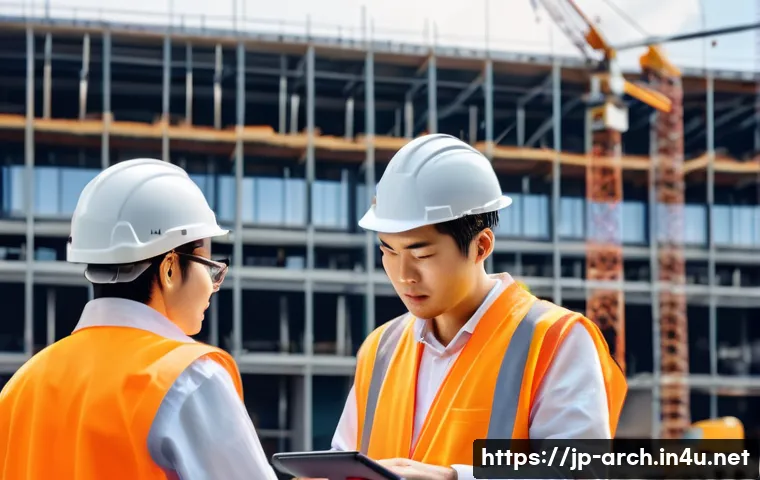건축분야에서의 연구와 실무 결합 - A modern construction site scene in Japan during daytime, showing diverse workers in safety helmets ...