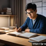 건축분야에서의 자격증 준비 사례 - A focused Japanese adult male construction worker studying architecture qualification materials in a...
