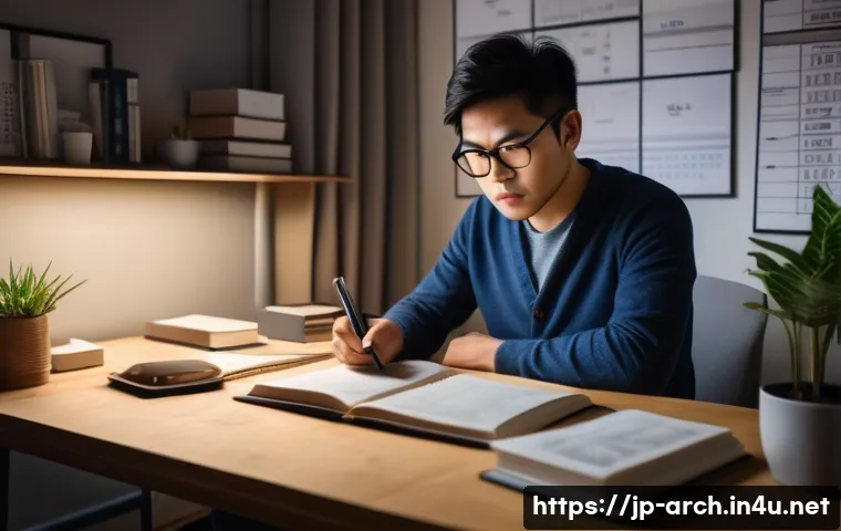 건축분야에서의 자격증 준비 사례 - A focused Japanese adult male construction worker studying architecture qualification materials in a...