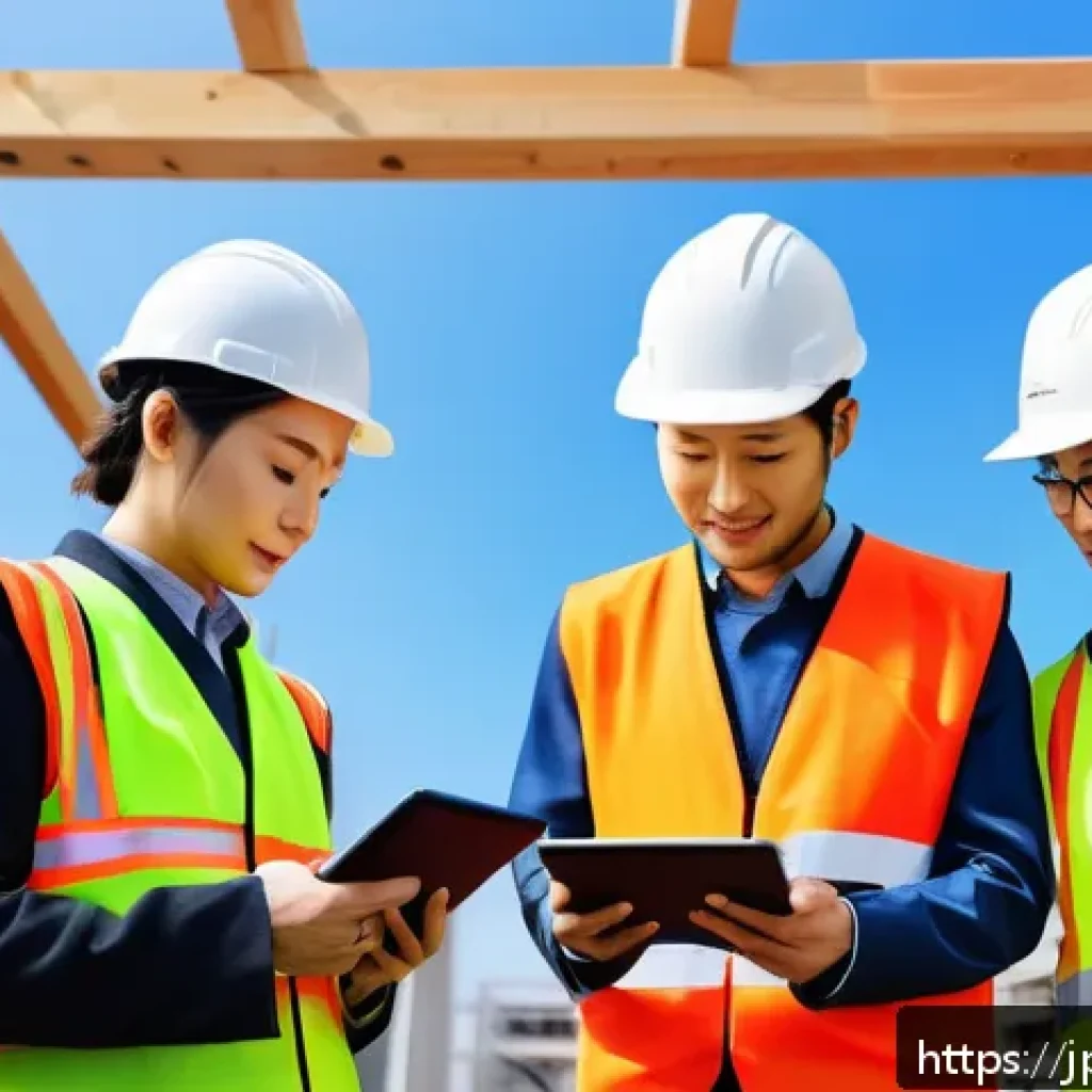 건축분야 경력관리 팁 - A modern Japanese construction site scene showing a diverse team of architects, engineers, and skill...