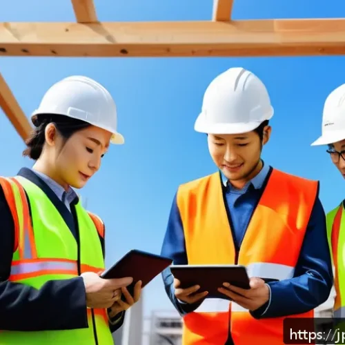 건축분야 경력관리 팁 - A modern Japanese construction site scene showing a diverse team of architects, engineers, and skill...