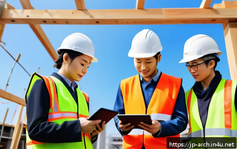 건축분야 경력관리 팁 - A modern Japanese construction site scene showing a diverse team of architects, engineers, and skill...