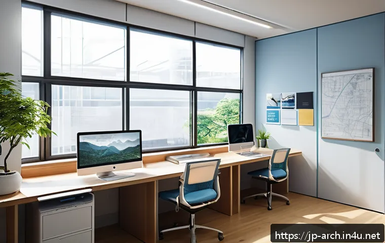 건축사로서의 경력 개발 계획 - A modern architect&rsquo;s workspace featuring a sleek computer displaying detailed BIM (Building Informat...