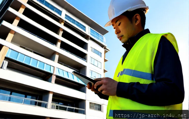 건축기사와 유지 보수 계획 사례 - Photorealistic architectural engineer in a clean hard hat and safety vest inspecting the exterior of...