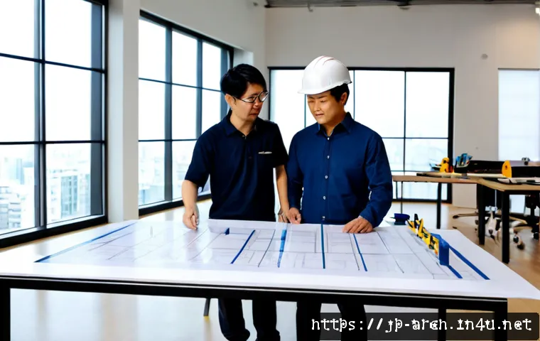 건축기사와 팀워크 프로젝트 경험 - Photorealistic architectural engineering team collaborating around a large scale building model in a...