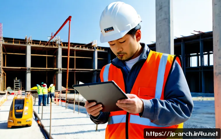 건축기사와 건설 품질 보증 사례 - Photorealistic construction quality assurance inspection at a modern concrete building site in Japan...