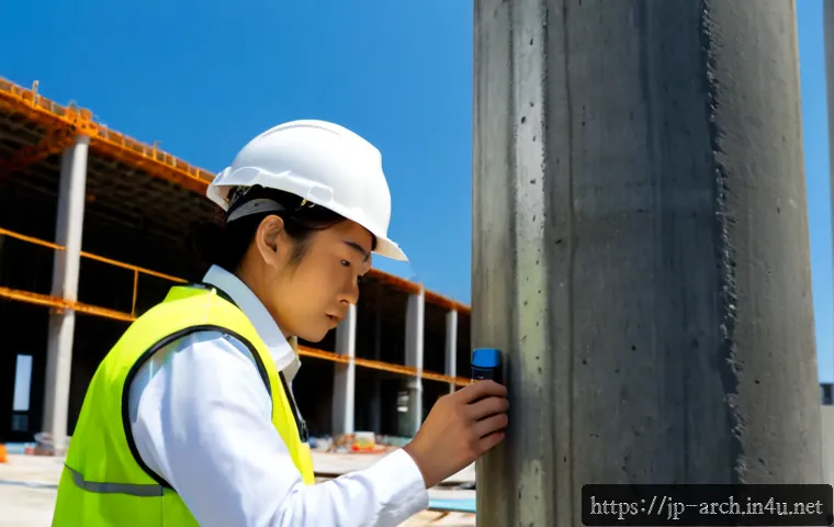 건축기사와 공사 품질 관리 - Photorealistic construction quality inspection scene, Japanese civil engineer wearing a white safety...